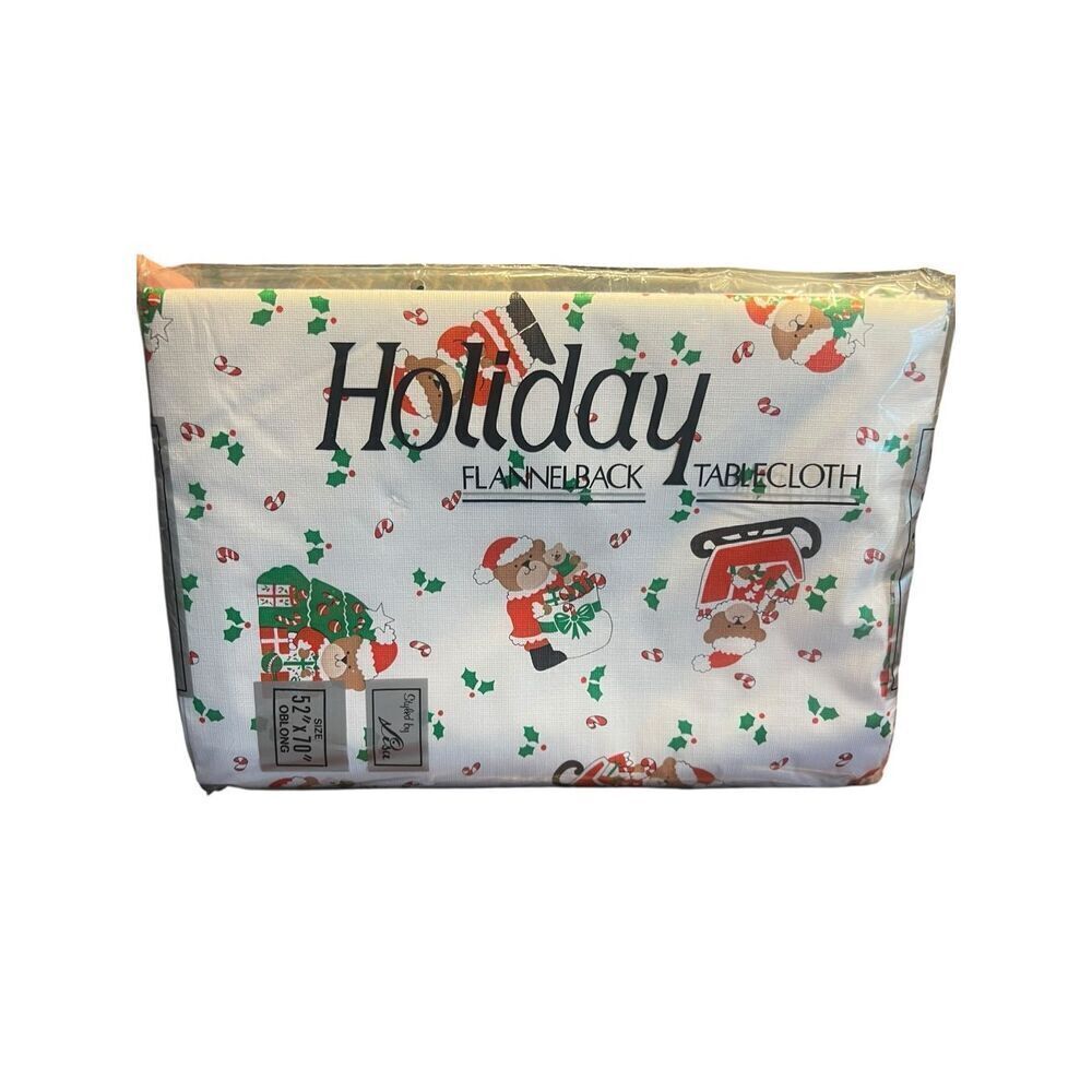 Vintage Christmas Santa Bear Holiday Flannel Back Tablecloth Oblong 52" x 70"